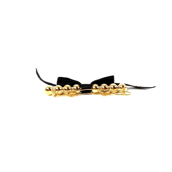 CHANEL Black Faux Pearl Bow CC Logo 2025 Gold Hair Barrette Clip - Picture 4 of 8
